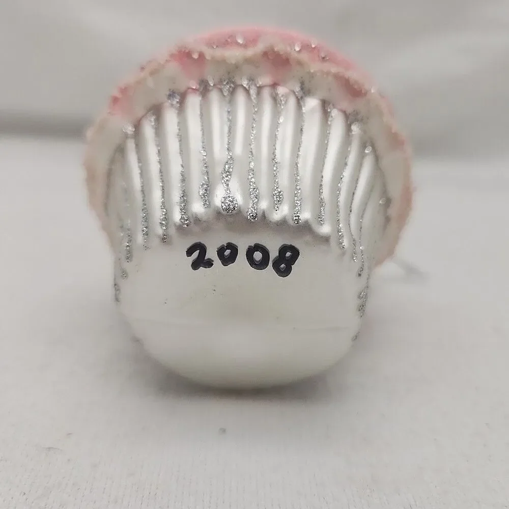 Ornament DEPT 56 Cupcake Glass Christmas Glitter Sparkle Pink White Silver NEW